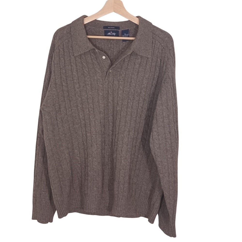 Allen Solly 100% Cashmere Sweater Mens XL Brown Cable Knit Collared Pullover